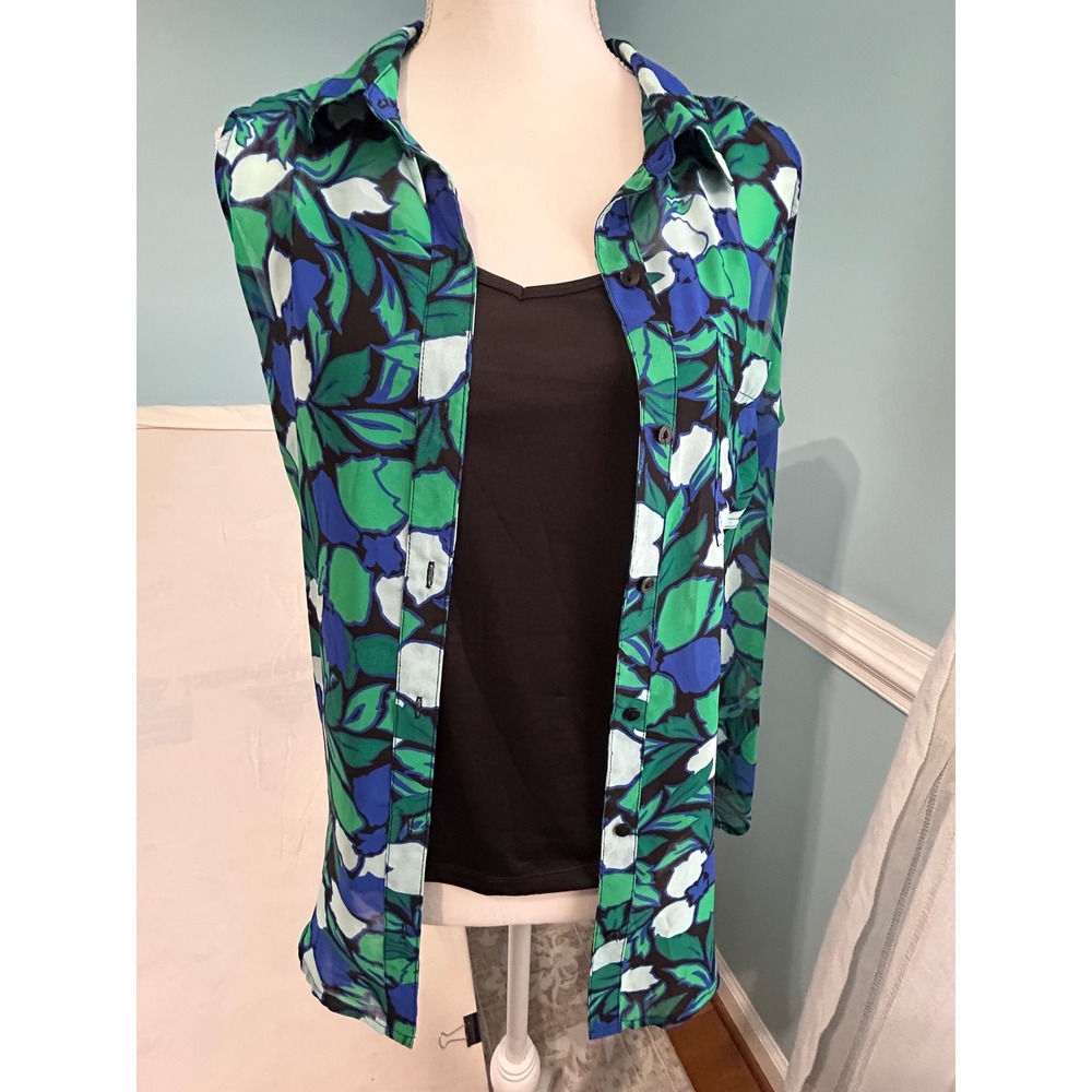 Liz Claiborne Womens Blue Green Floral Sheer Sleeveless Button Down with‎ Cami